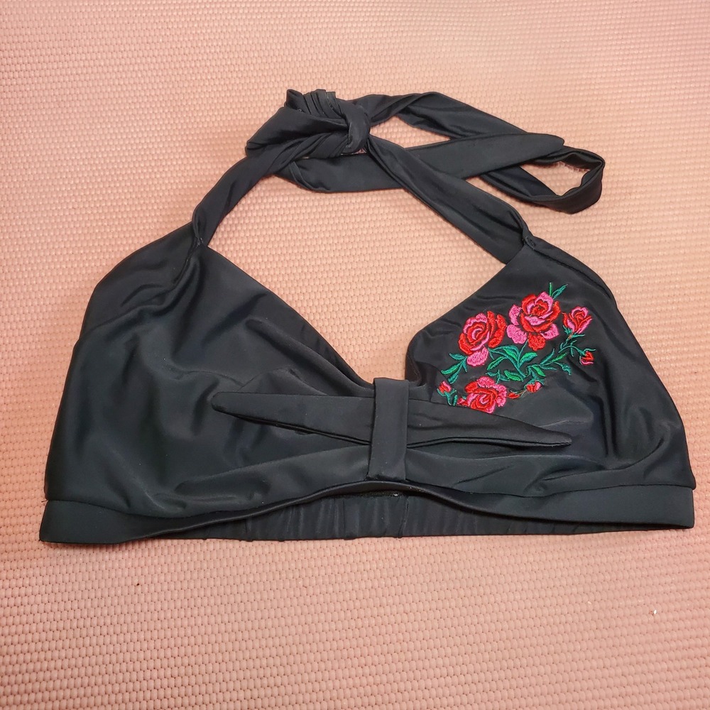 Cocoship Cottage Black Floral Embroidered Halter Bikini Top Beach Swim Size XL